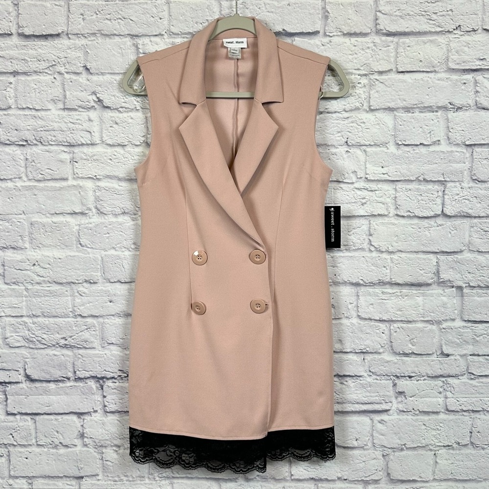 Sweet Storm Double Breasted Blazer Dress Juniors L Blush‎ Lace Sleeveless NWT